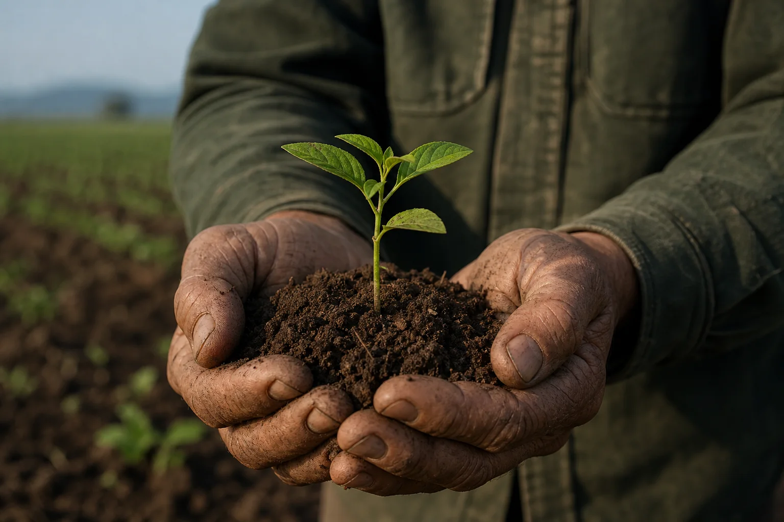 Hands holding soil and a young seedling